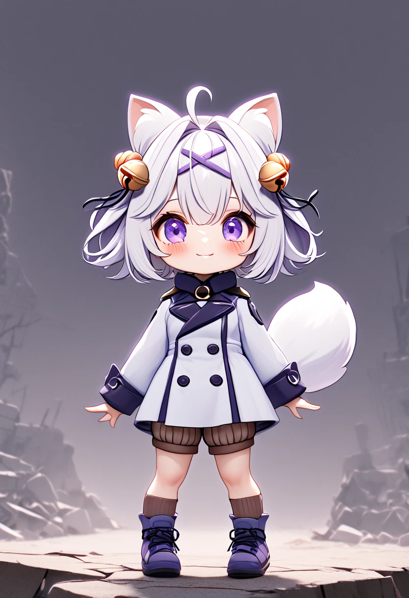 master piece, best quality, ultra-detailed, illustration, 1girl, solo, chibi, (big head), cute pose, front view, looking at viewer, ((full body Close up)), Filiansailor, (purple hairclip:1.5), (hair bell:1.5), white hair, short hair, cat ears, ahoge, purple eyes, blush, smiling, (fluffy tail), ((navy blue 6buttons peacoat)), long sleeves, brown striped shorts, brown knee socks, blue shoes, battlefield background, gloomy atmosphere, broken castle, broken walls, broken windows
