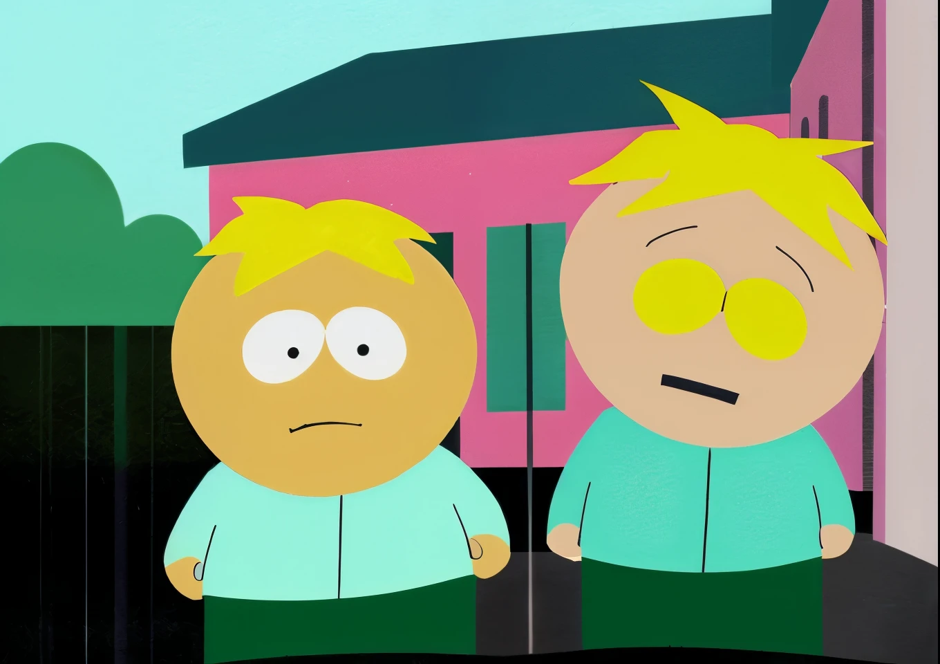 ( closeup of butters standing.:1.2) in a cemetery . a building_egyptian in the background. ((two black pupils)).blonde hair, black eyes. flat shading. flat colors. art style of comedy central south park tv show. ( best quality, high quality, highres, ultra-detailed), edobgraveyardengland, dark clouds. heavy raining.