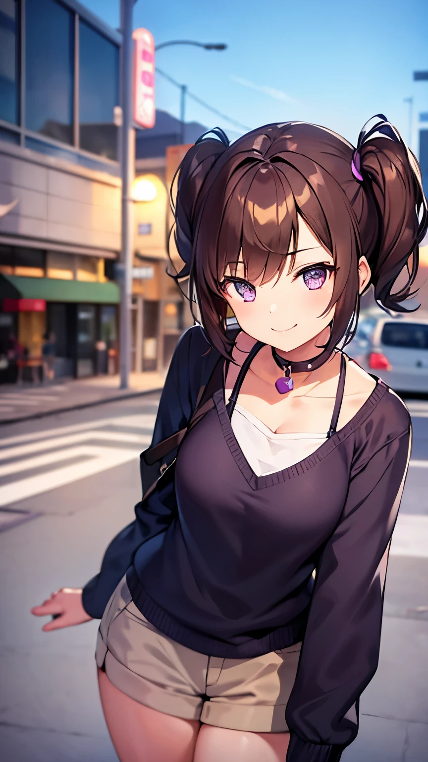 Girl, twintail short hair, brown hair, purple eyes, cute girl, smile, high , city