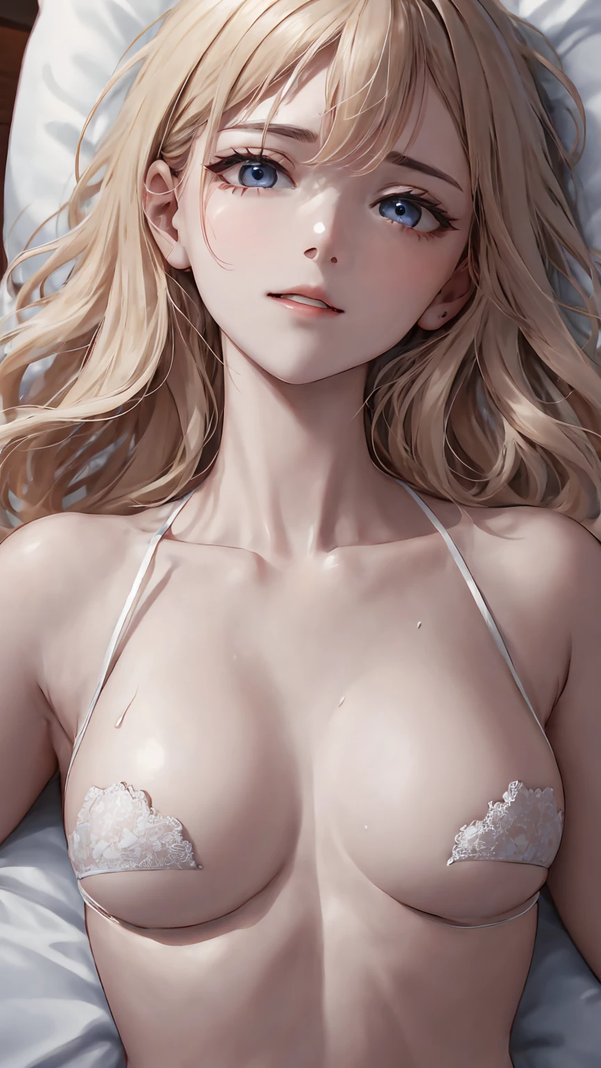 Highest quality video、8k、Delicate and beautiful images、Shy expression, Browsing Caution(:1.8), White skin, She is completely naked and showing her nipples and areola,Small breasts(:1.8)、Small nipples、The areola is pale pink、 A close-up of her face and breasts,Heavy breathing、Sweaty bangs、Grit your teeth,Her big pure eyes stare at you with determination、Her pussy is penetrated for the first time by a viewer、The viewer is driven by desire and thrusts hiペニス violently into her pussy.、The delicate and beautiful breasts characteristic of a virgin are depicted in detail..、Her hairstyle and hair color change randomly.、She is sexually excited for the first time.、she is lying on the bed and looking up、A top-down shot of her、Confused by the first pleasure、Feel the climax、