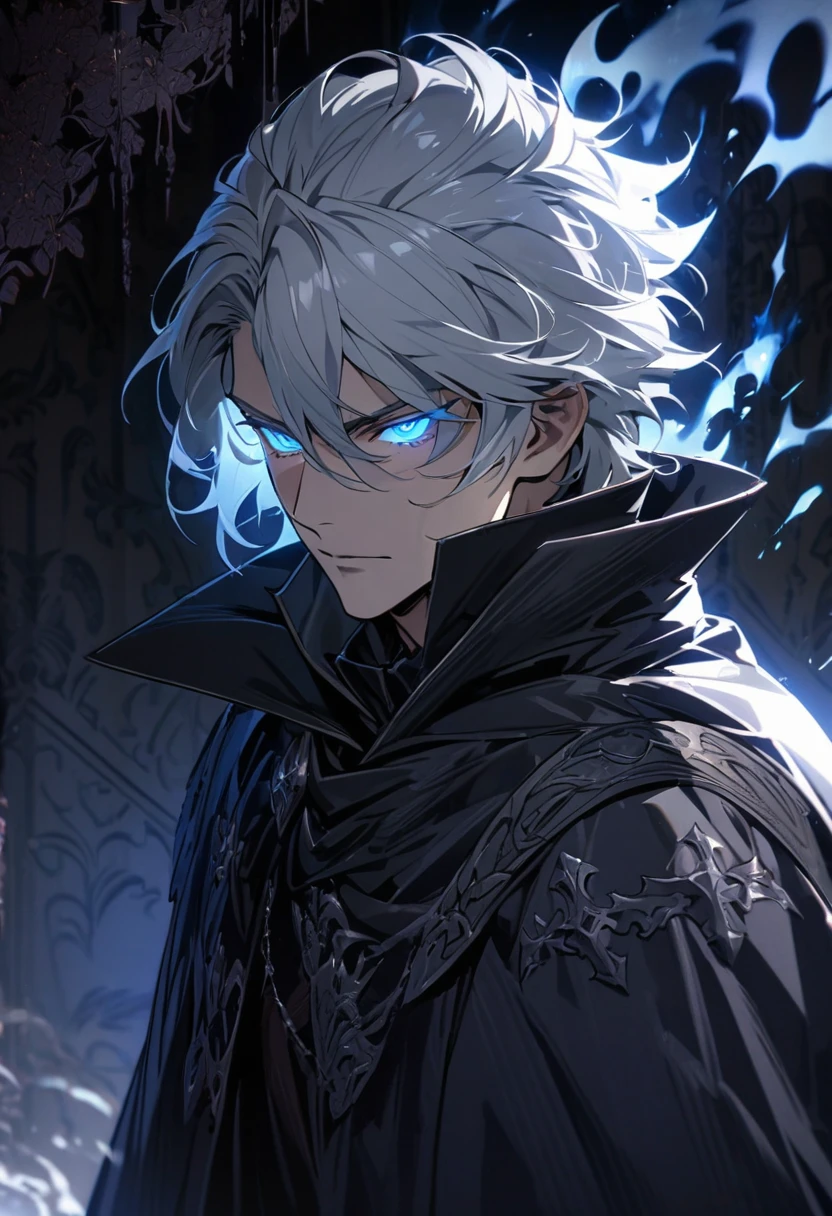male, solo, handsome, murderous air, silver hair, shadow, experienced, dark silver general cloak, blue eyes, beautiful eyes, glowing eyes, high detail, masterpiece, wallpaper, villain, middle-age, silver aura, holo, macro picture, mature, anti hero, abyss