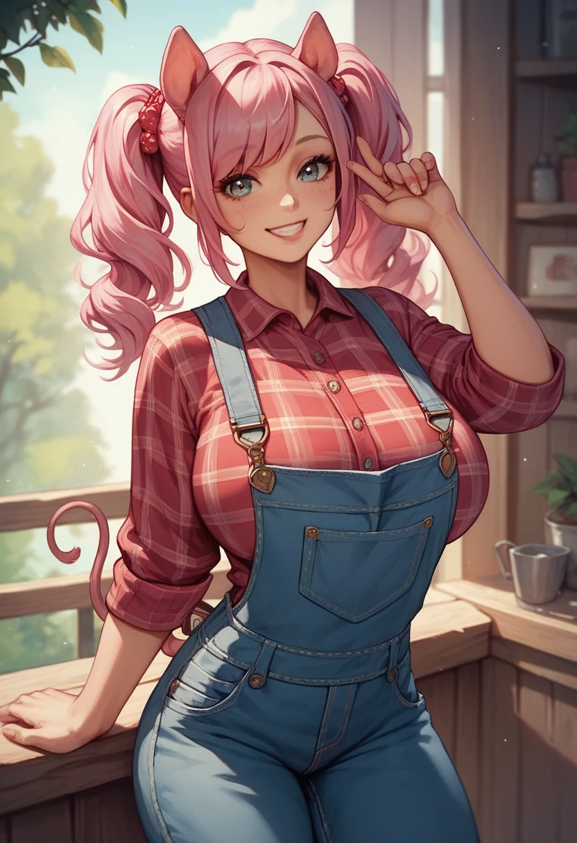 (masterpiece:1.2), (best quality:1.2), (pig girl), big tits, pink hair, smiling, pig ears and tail, wearing overalls, plaid shirt, friendly and cheerful appearance