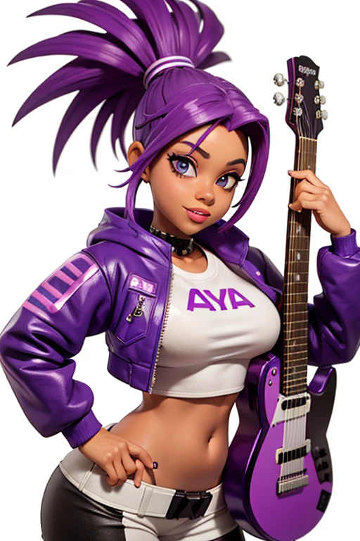 one,8k highly detailed, casual games, , 3D art style, Half body photo,White background,big eyes,cute,Model posing,mature African American woman,solid color background, purple Mohawk hair,Smile,(((White background))),((Cyberpunk clothing)),Punk clothes,cyberpunk style,Show belly,Face shot, purple Mohawk hair, playing a electric guitar, singing into a microphone, with big perfect lips. 