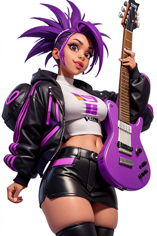 one,8k highly detailed, casual games, , 3D art style, Half body photo,White background,big eyes,cute,Model posing,mature African American woman,solid color background, purple Mohawk hair,Smile,(((White background))),((Cyberpunk clothing)),Punk clothes,cyberpunk style,Show belly,Face shot, purple Mohawk hair, playing a electric guitar, singing into a microphone, with big perfect lips. 