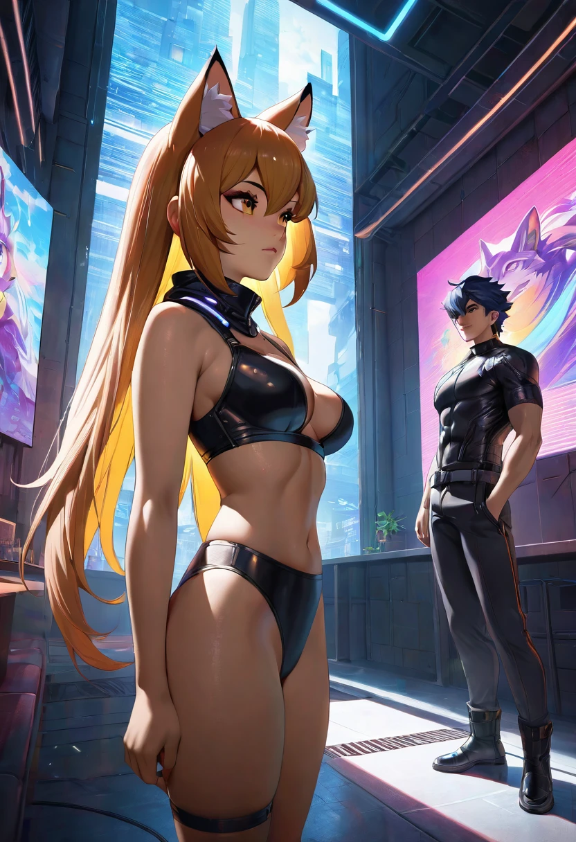 masterpiece, best quality, highres, resolution, vibrant colors, smooth gradients, (1boy, 1girl, hero, heroine, kemono, furry, anthro)atmospheric perspective, intricate details, natural lighting effects, realistic textures, immersive scene, steamy storyline, cyberpunk aesthetic, erotic impression, sensuality,