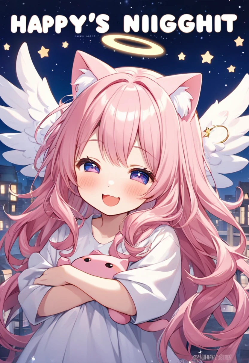 daily anime style,kawaii shota,angel halo and wing,cat ear and tail,pink hair,wavy long hair,
World's Best Good Night,happy laugh,