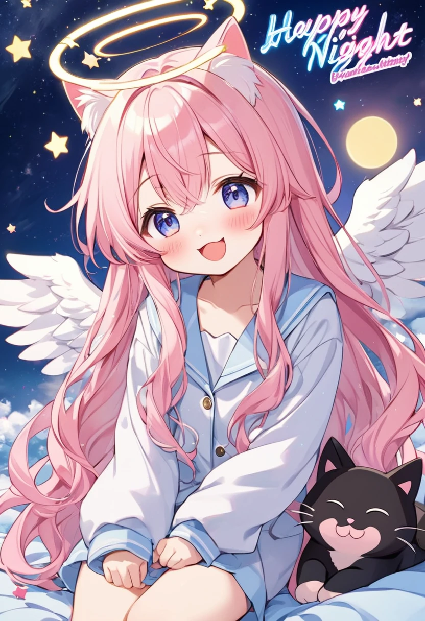 daily anime style,kawaii shota,angel halo and wing,cat ear and tail,pink hair,wavy long hair,
World's Best Good Night,happy laugh,