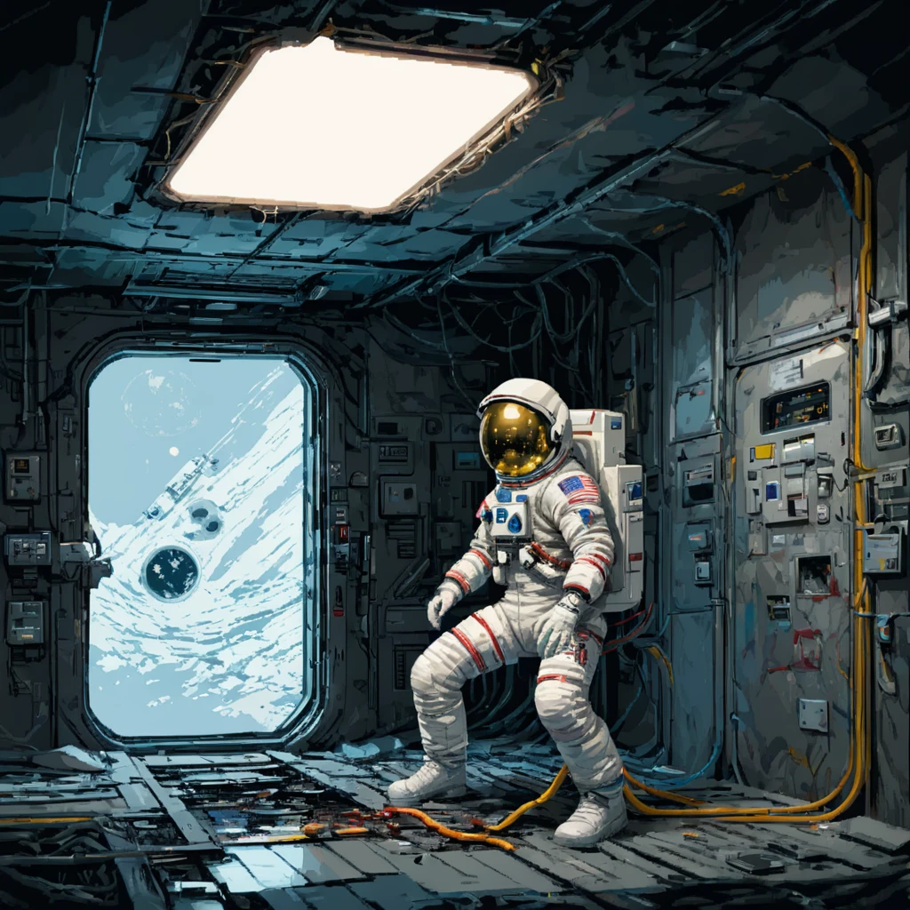 Skeleton Astronaut, space station, Science Fiction, canteen, Emergency lighting, Fragments, damage, hose, 电Wire, filling, ((pulp_漫painting, heavy_Wire, hand_painting, hand_Ink, hand_colored, Chen Wenku))