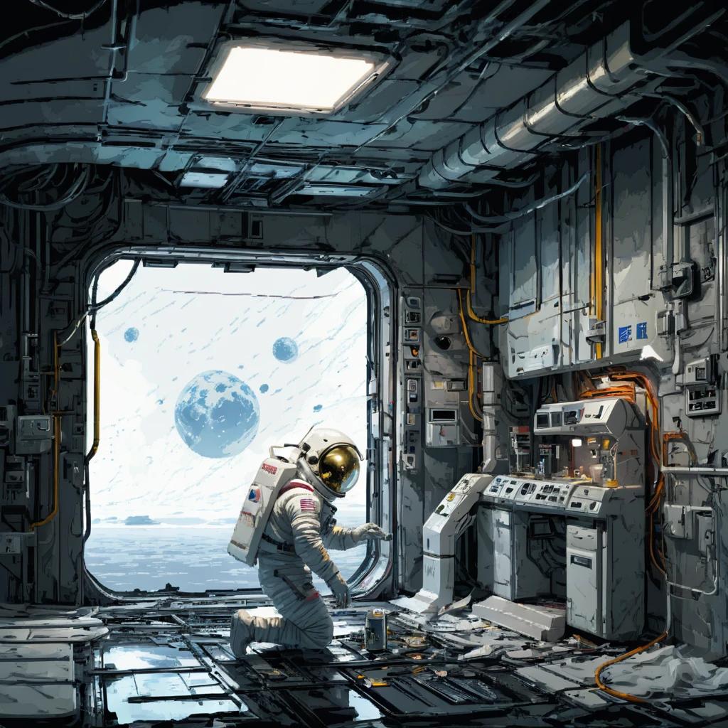 Skeleton Astronaut, space station, Science Fiction, canteen, Emergency lighting, Fragments, damage, hose, 电Wire, filling, ((pulp_漫painting, heavy_Wire, hand_painting, hand_Ink, hand_colored, Chen Wenku))