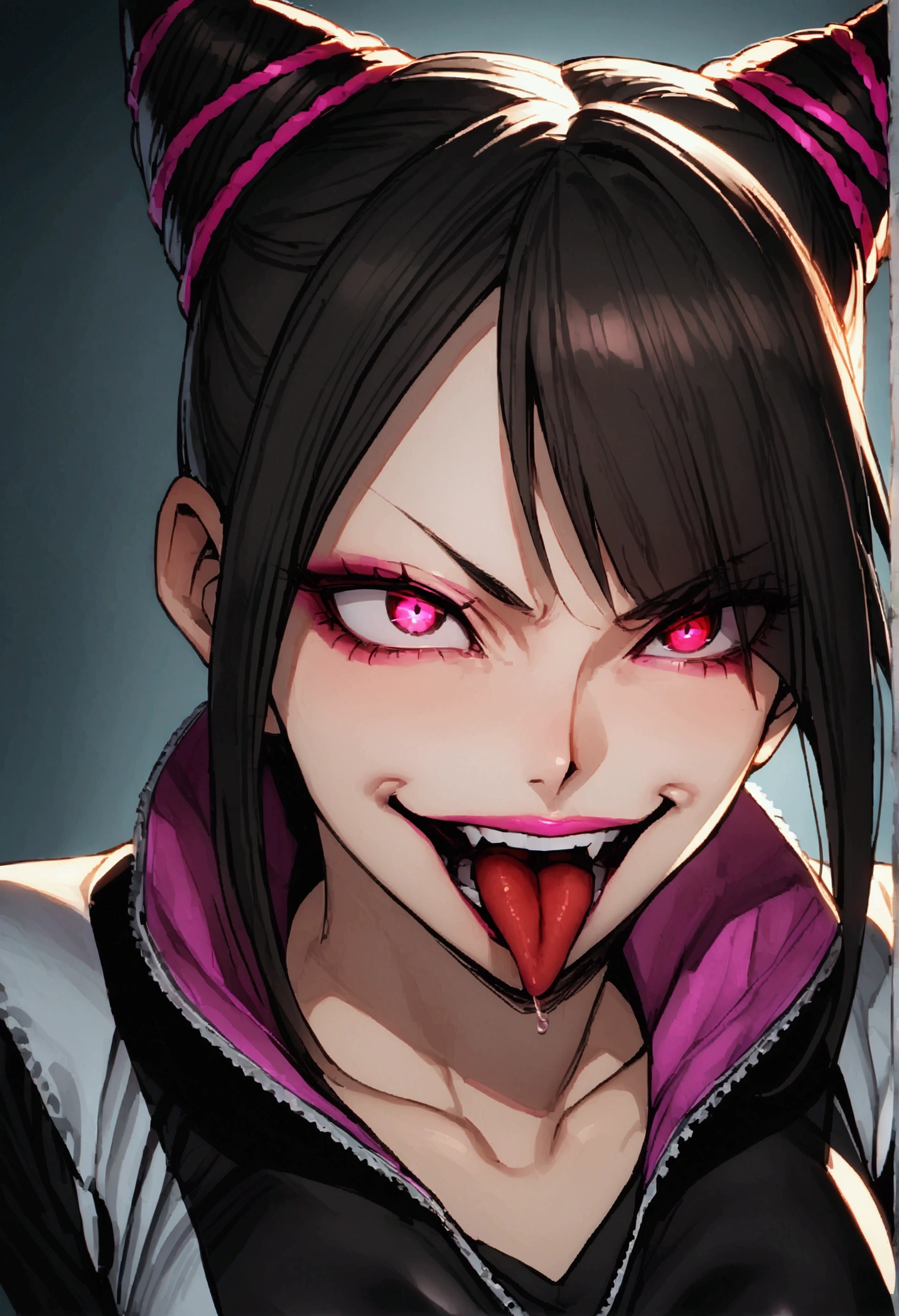 dark eye shadow,shining eyes,beautiful young fitness woman with , in a gym wearing May with black pantyhose, white and black gym jacket. standing alone,hair horns,red eyes glowing,Evil smile,legging preto ,labiaa,dark eye shadow,shining eyes,close up,hair with purple details .evil smile,couple,juri han,biting your tongue
