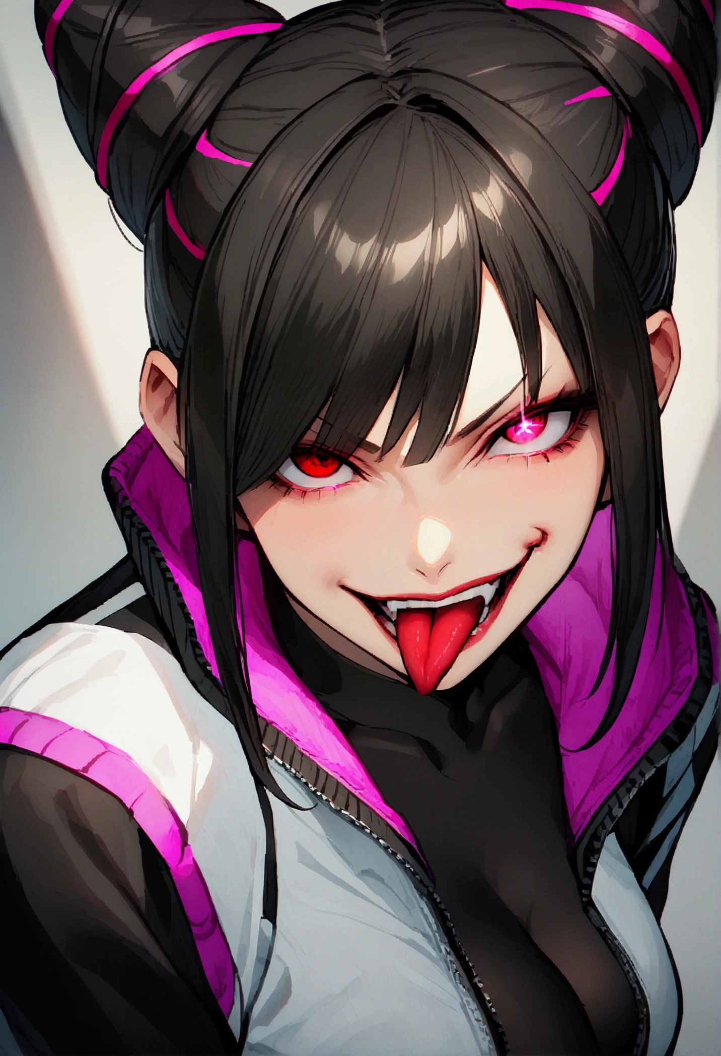 dark eye shadow,shining eyes,beautiful young fitness woman with , in a gym wearing May with black pantyhose, white and black gym jacket. standing alone,hair horns,red eyes glowing,Evil smile,legging preto ,labiaa,dark eye shadow,shining eyes,close up,hair with purple details .evil smile,couple,juri han,biting your tongue
