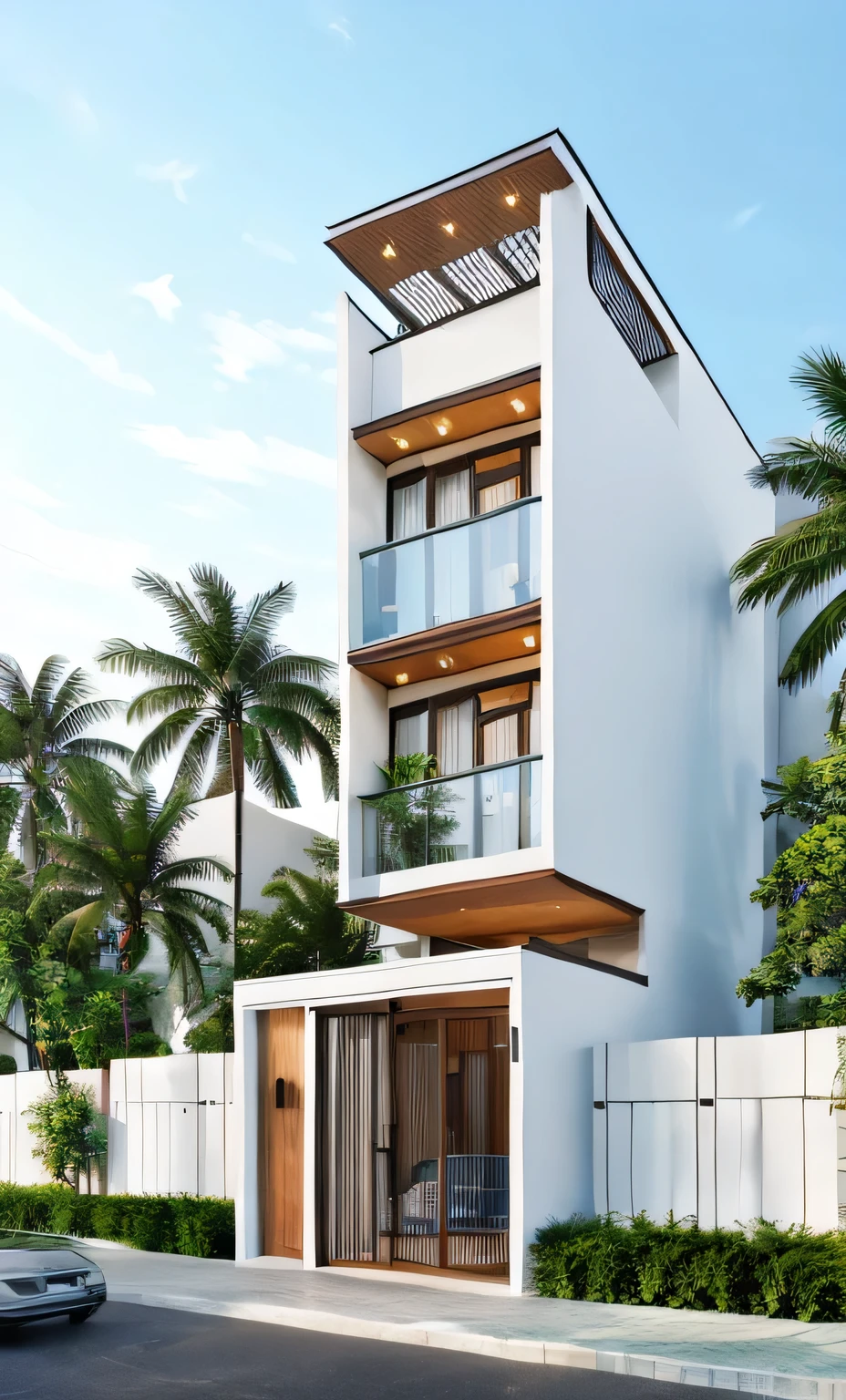 RAW photo,Masterpiece, high quality, best quality, authentic, super detail, townhouse, modern house with (tile wall:1.2), glass windows, (wooden ceiling:1.1), railing glass, gate, fence, (curve:1.1),tropical trees, day, beautifu sky, (high detailed :1.2), 8k uhd, dslr, soft lighting, high quality, film grain, Fujifilm XT3