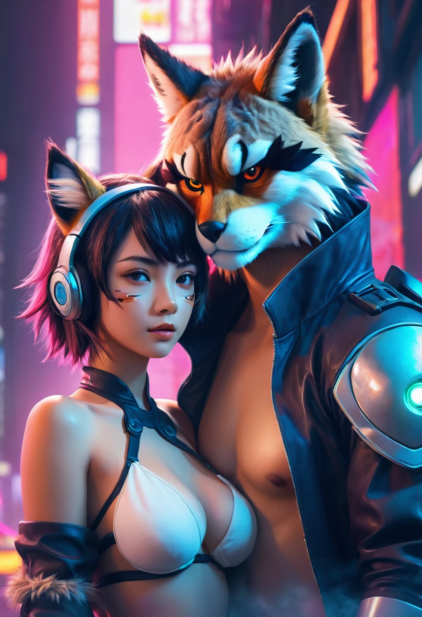 masterpiece, best quality, highres, resolution, vibrant colors, smooth gradients, (1boy, 1girl, hero, heroine, kemono, furry, anthro)atmospheric perspective, intricate details, natural lighting effects, realistic textures, immersive scene, steamy storyline, cyberpunk aesthetic, erotic impression, sensuality,