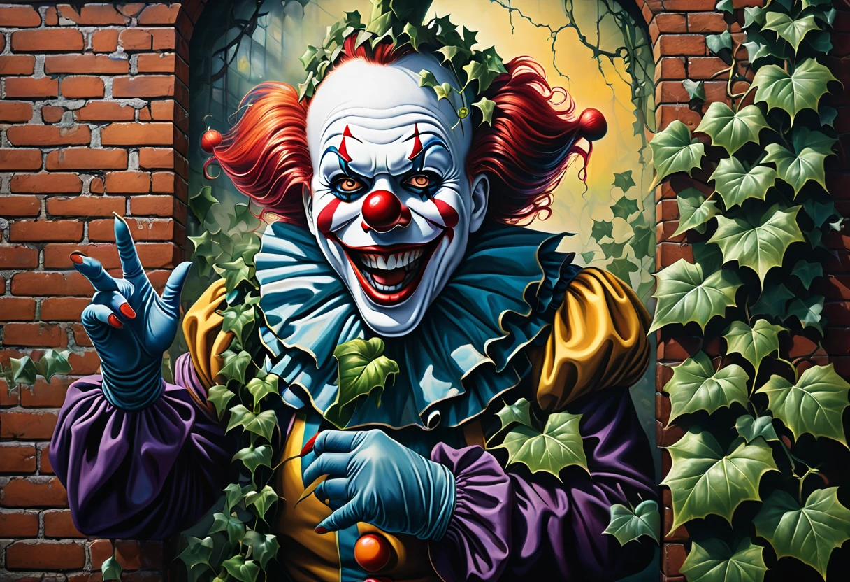 Graffiti Art, Spray Art, (((ivy: 1.3))) growing on a brick wall. (((Aerosols: 1.3))). creepy clown, hyperrealistic 3D rendering, menacing grin, reaching out with long, bony fingers, bright colors, haunted carnival backdrop, intricate details, bizarre yet creepy atmosphere, ripped and torn clothes, foggy surroundings, dramatic lighting, ultra fine, high octane rendering., #graffiti on brick wall, #spray painting on wall, #color graffiti, aerosol art