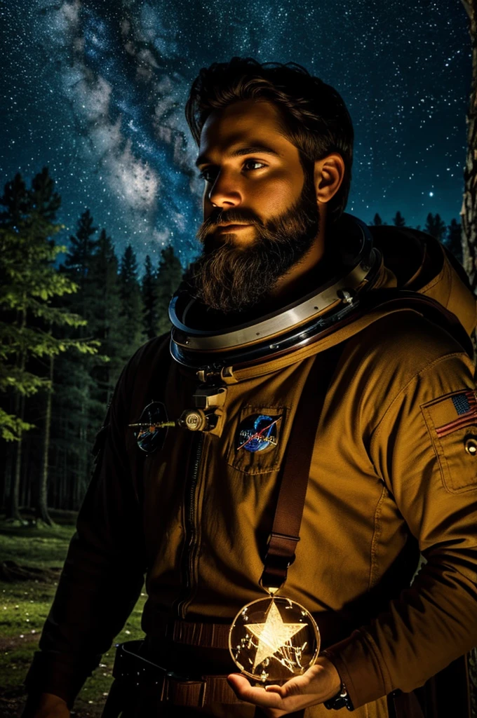 Astronaut in a fantasy medieval land in a magical forest at night, with a star by his side , a human face with a beard and brown hair