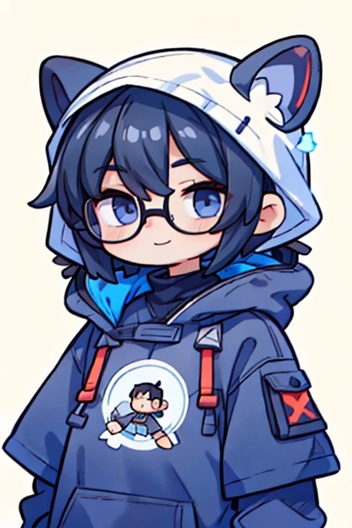 man、A dark-haired、eye glasses、A smile、parka、Black T-shirt、2 head body、White background