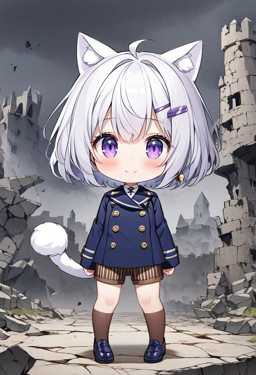 master piece, best quality, ultra-detailed, illustration, 1girl, solo, chibi, (big head), cute pose, front view, looking at viewer, ((full body Close up)), Filiansailor, (purple hairclip:1.4), (hair bell:1.5), white hair, short hair, cat ears, ahoge, purple eyes, blush, smiling, (fluffy tail), ((navy blue 6buttons peacoat)), long sleeves, brown striped shorts, brown knee socks, navy blue shoes, battlefield background, gloomy atmosphere, broken castle, broken walls, broken windows