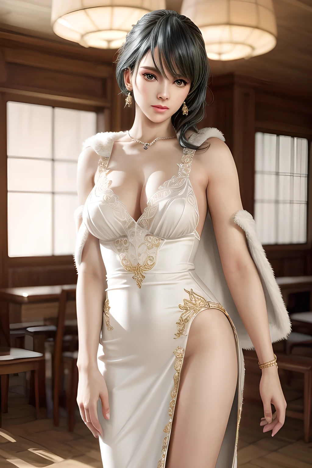 A lady with extraordinary temperament, she stands in a modern indoor space, as if she is a model from a fashion magazine. She is wearing a (pure white long fur cape), the softness and luster of which makes her look more noble under the light, and complements her (beige dress) underneath, showing her gentle temperament while maintaining a sense of fashion. The style of the dress is simple and generous, a perfect match, and it lengthens her figure, making her tall and charming. The lady's makeup is delicate and elegant, which just highlights her facial features and makes people unforgettable at first sight. Although the earrings and necklace she wears are not ostentatious, they add a bit of sophistication and nobility to her overall look. Her hair is casually draped over her shoulders, and every strand of hair exudes a natural luster,, (best quality,8k,highres,masterpiece:1.2),ultra-detailed,(realistic,photorealistic,photo-realistic:1.37),studio lighting,ultra-fine painting,sharp focus,physically-based rendering,extreme detail description,professional,vivid colors