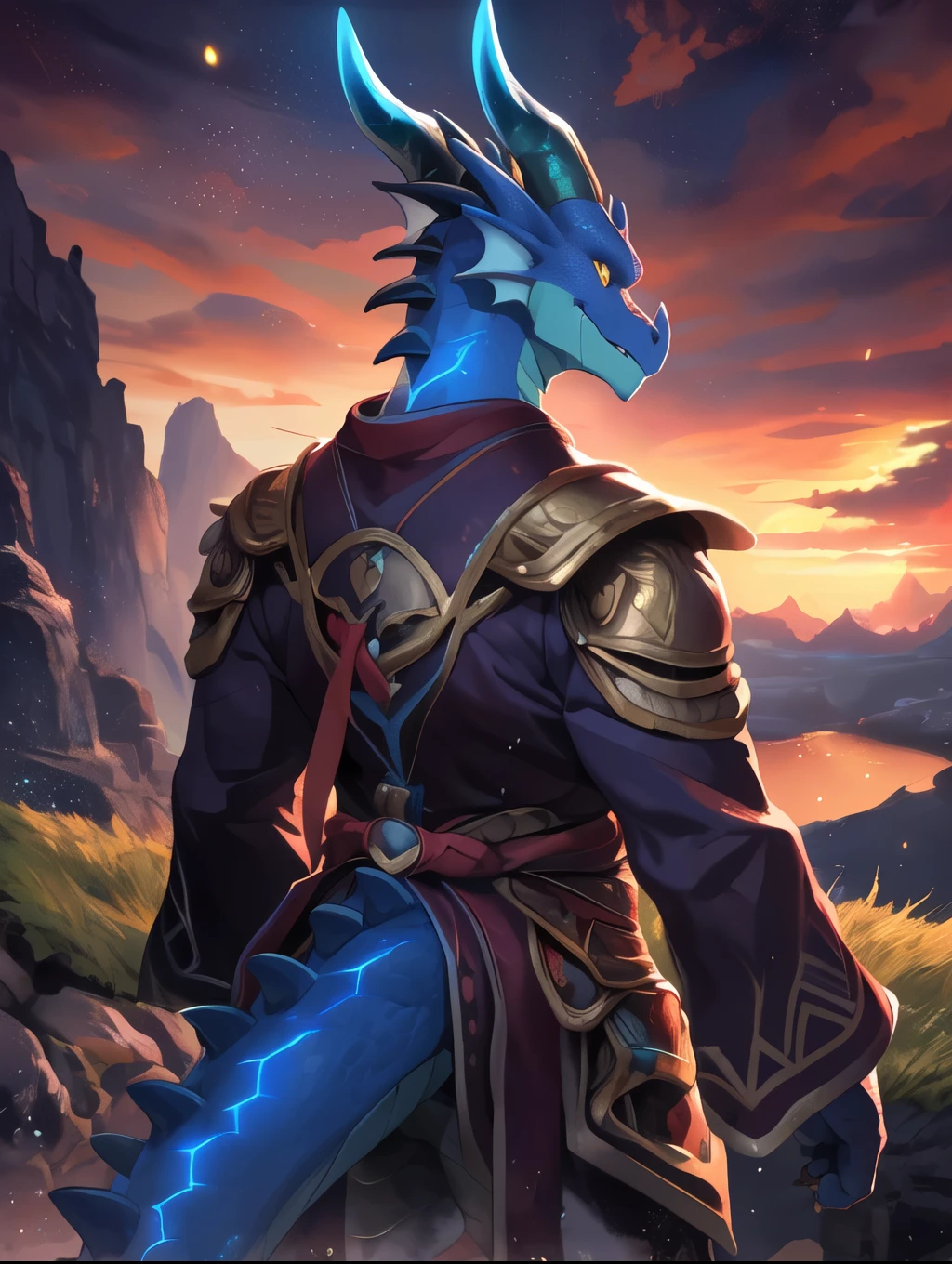 solo, male, mature male, (male anthro dragon:1.3), (blue body:1.1), (standing:1.3), (kemono:1.2), (sunset:1.23), armor, (robe), (looking back:1.2), raised head, (rear view), landscapes, cliff, dawn, horizon, detailed eyes, portrait, dragon tail, horn, (detailed eyes), (outside:1.35), grass, hill, (cloud), (particles ,firefly, blue glowing:1.3), detailed background, 8k hd, (dark shadows, wide dynamic range, hdr, low light:1.2), by Pino Daeni, barazoku, [by dagasi, by zixiong], cygames, by null-ghost, (scenery)