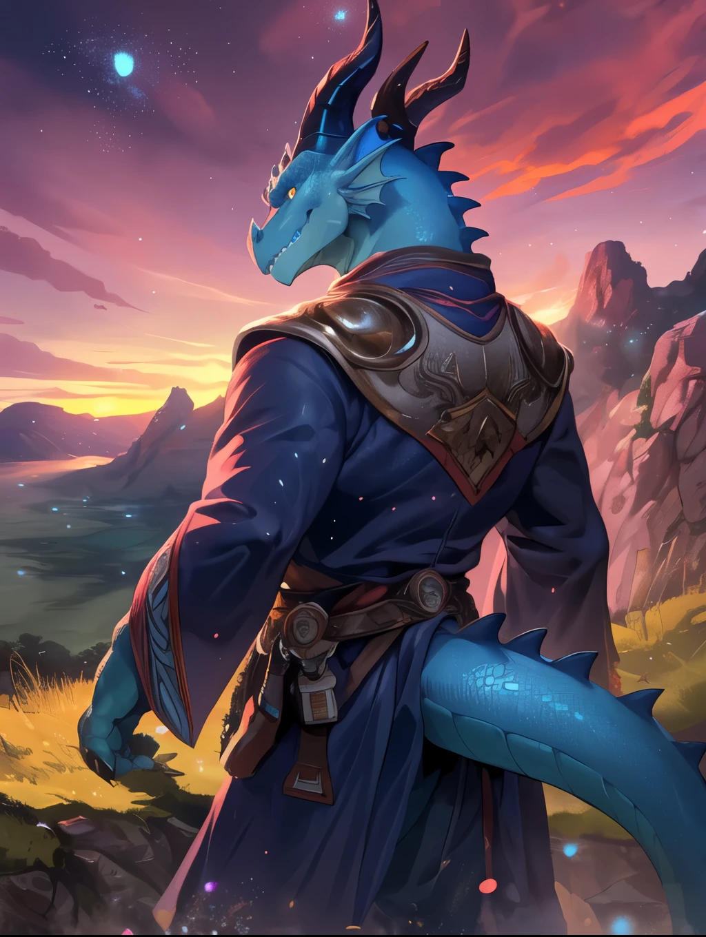solo, male, mature male, (male anthro dragon:1.3), (blue body:1.1), (standing:1.3), (kemono:1.2), (sunset:1.23), armor, (robe), (looking back:1.2), raised head, (rear view), landscapes, cliff, dawn, horizon, detailed eyes, portrait, dragon tail, horn, (detailed eyes), (outside:1.35), grass, hill, (cloud), (particles ,firefly, blue glowing:1.3), detailed background, 8k hd, (dark shadows, wide dynamic range, hdr, low light:1.2), by Pino Daeni, barazoku, [by dagasi, by zixiong], cygames, by null-ghost, (scenery)