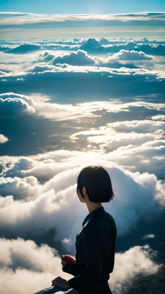 Black-haired Japanese woman with bob hair overlooking the sea of clouds, Asahi