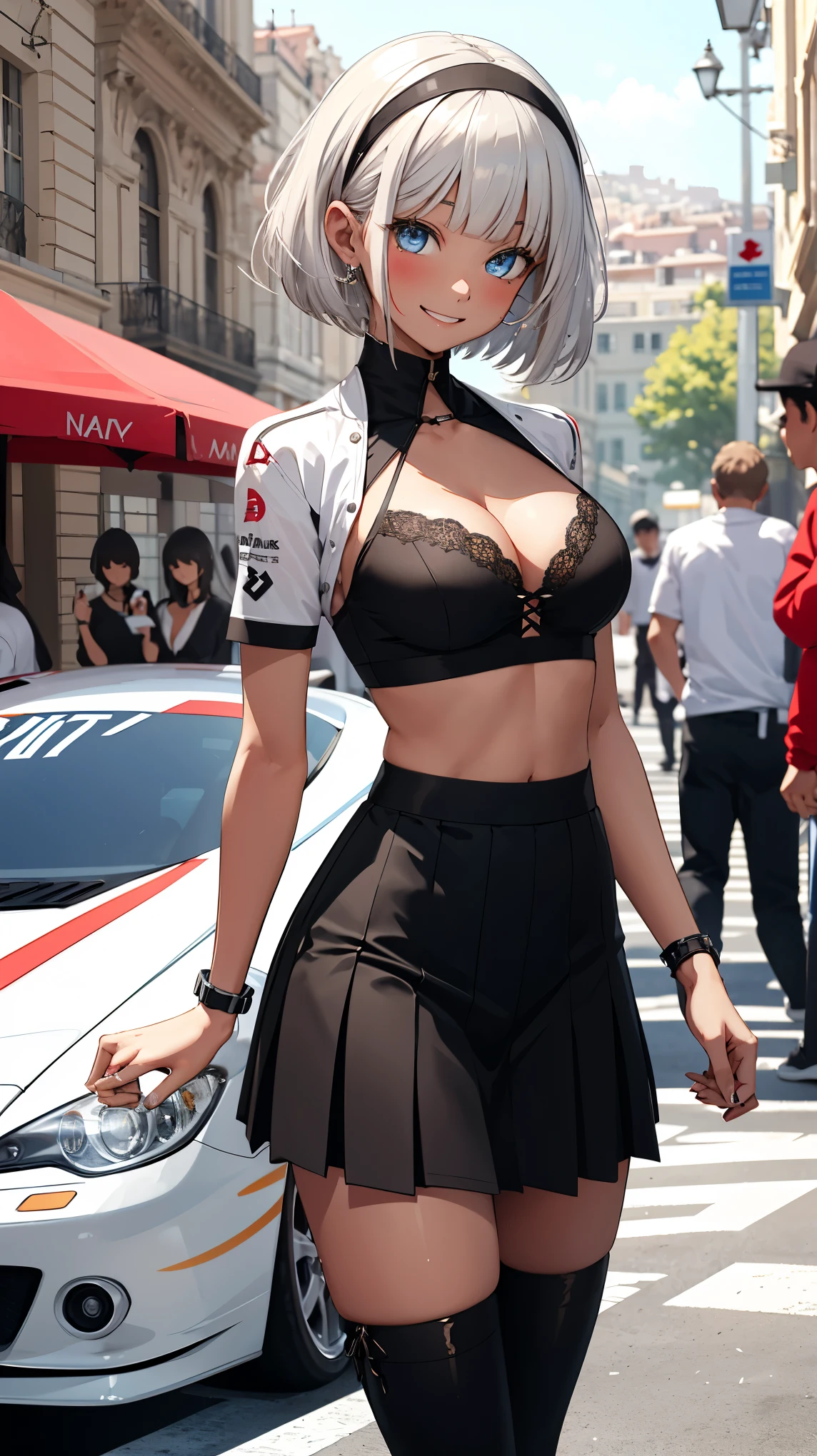 ((White sign)),1 Girl、Beautiful silver hair、((((Very short hair))))、Blue eyes、(hair band)、((Blunt bangs)), small breasts、22 years old, (tsurime), Tight waist、smile、Natural lighting、Very cute face, Cute pose、Monte Carlo Street Circuit, Racing Car, Racing Bike, Promotion Girl, Grid Girls, The promotional costumes are exquisitely tailored., paying meticulous attention to detail, Lace-up boots, Short sleeve, Cropped tops, Tube top bra, Knee-length, Exposing shoulders, Knee-lengthグリッターナイロンプリーツスカート, Asymmetrical medium size nylon pleated skirt, Promotional wear with logo, Red and white glitter promotional wear、smile, Wink, Happy expression、Shallow depth of field