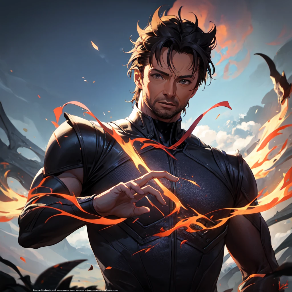 Male ein surreales Bild von Hugh Jackman als Wolverine. Waiting posture looking into the distance, in a mystical forest with a beautiful sky. Far above, a burning red phoenix hovers in the sky between the clouds.