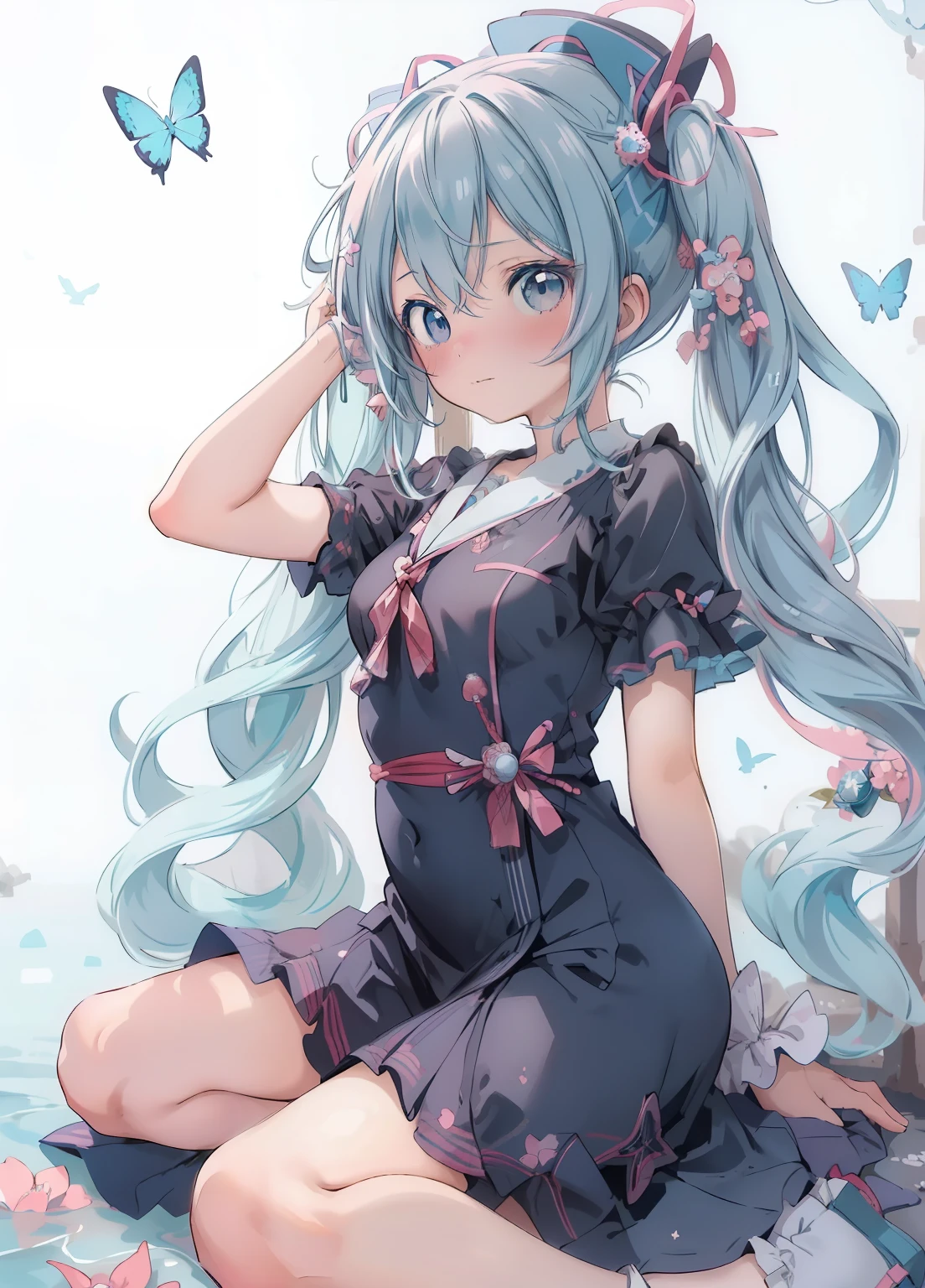 (masterpiece、Highest quality、Highest quality、Official Art、Beautiful and beautiful:1.2)、(One girl:1.3)Hatsune Miku、Twin tails,Beautiful breasts, Katsushika Hokusai,Anime - Style image of a woman in a blue dress sitting on the ground, , Cute anime waifu in a nice dress, (Anime Girls), , Anime Girls, Small curves , かわいいAnime Girls, On pixiv, irritating, かわいいAnime Girls, 美しいAnime Girls, 魅力的なAnime Girls, Nurse girl, 魅惑的なAnime Girls