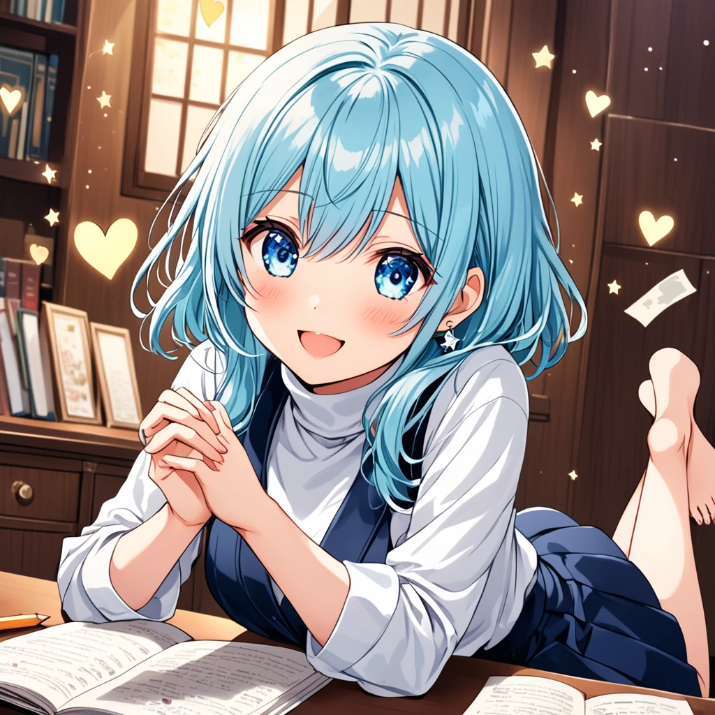 Aoi Nakamura is an extremely cute and charming young  journalist, perfect as a mascot for Anime Lover Brazil. Your light blue hair, Long and slightly wavy, falls gracefully from the shoulders, giving it an elegant and captivating look. Her big clear eyes are always shining with curiosity and enthusiasm, reflecting your passion for discovering new stories and adventures.

Aoi&#39;s fair and smooth skin highlights her semi-human nature, while the adorable wolf ears, covered in soft blue fur, positioned on top of the head, add a distinctive and charming touch to your appearance. Complementing its wolfish characteristics, a blue wolf tail sways happily behind her, expressing your emotions clearly.

Dressed in a white turtleneck micro t-shirt, adjusted to the body, and a low-waisted pencil skirt decorated with small star designs, Aoi displays a cute, age-appropriate style. Its slender and exposed waist adds an innocent charm, while small earrings in the shape of hearts or stars complete her enchanting look.

Full body shown, Aoi is sitting with her legs crossed in a graceful manner, exuding a combination of confidence and tenderness. With a radiant smile and a sparkle in your eyes, She forms a heart with her hands, showing your love and dedication to your work and your friends. This pose not only highlights her cuteness, but also his friendly and energetic personality, captivating everyone around you.