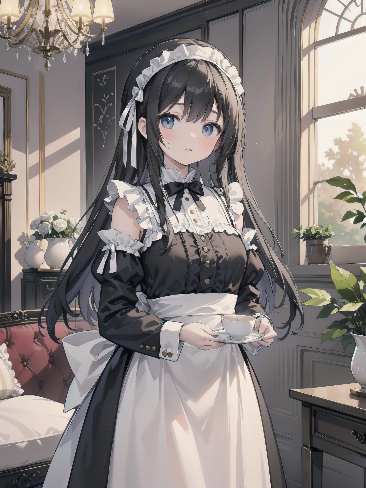 Illustration of a beautiful girl in a cute pose,(Masterpiece: 1.2), (Best quality: 1.2), A cute girl with long black hair, dressed in a classic black and white maid outfit with frilly lace and a matching headband, is standing in a beautifully decorated Victorian-style parlor. She is holding a silver tray with a teapot and teacup, her expression a mix of professionalism and warmth. The background includes ornate furniture, a chandelier, and large windows with heavy drapes, all bathed in soft afternoon light. This illustration emphasizes the elegant and welcoming atmosphere of a high-class tea service