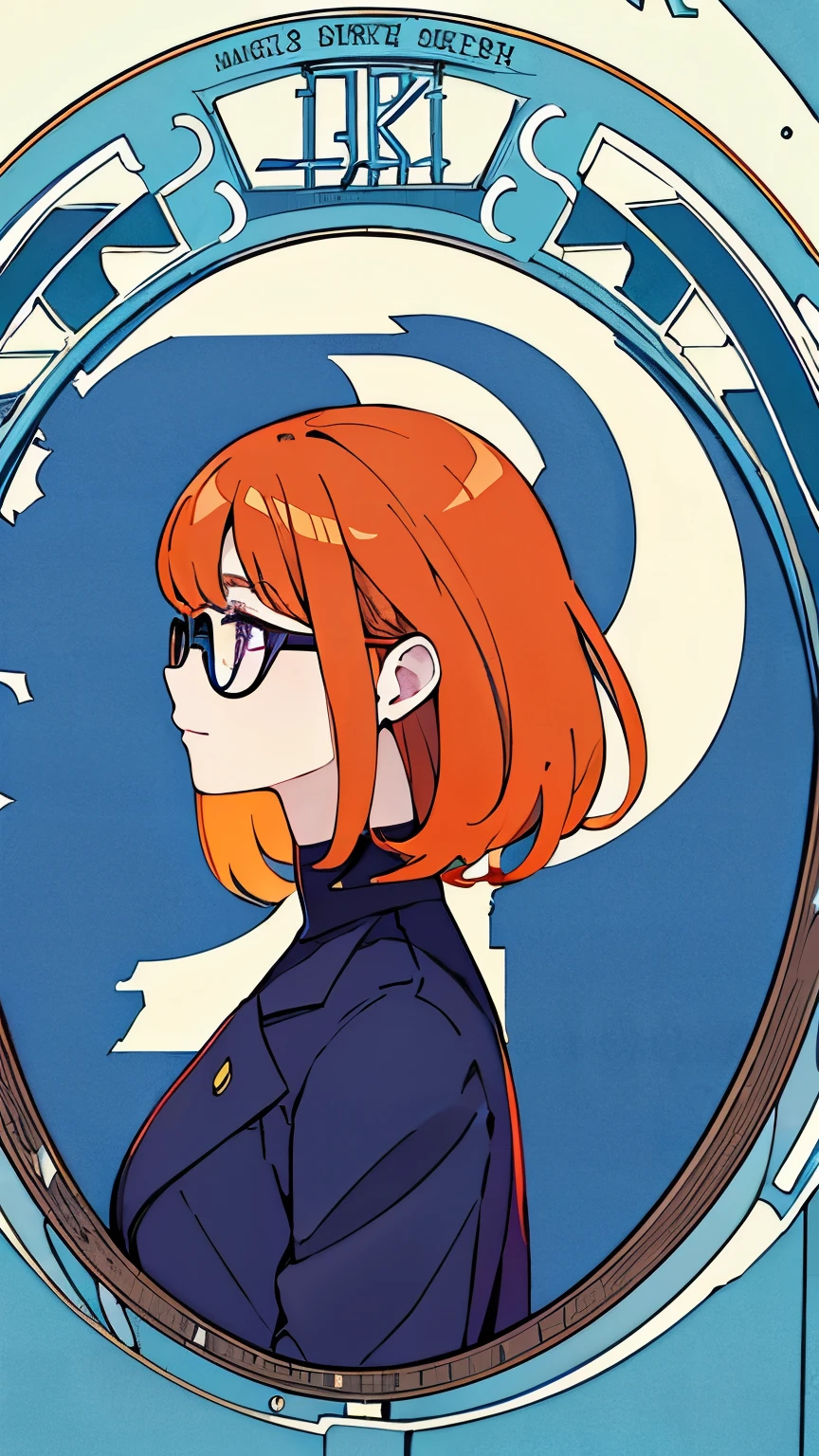 art nouveau. In 8K、Large file size、Intricate details, Better Quality, One girl, young, high resolution、Purple eyes、 Short hairstyle、straight short、Orange Hair、Cute Girl、Wearing glasses、 alone, Full Body Capture, profile, Outdoor, heaven,