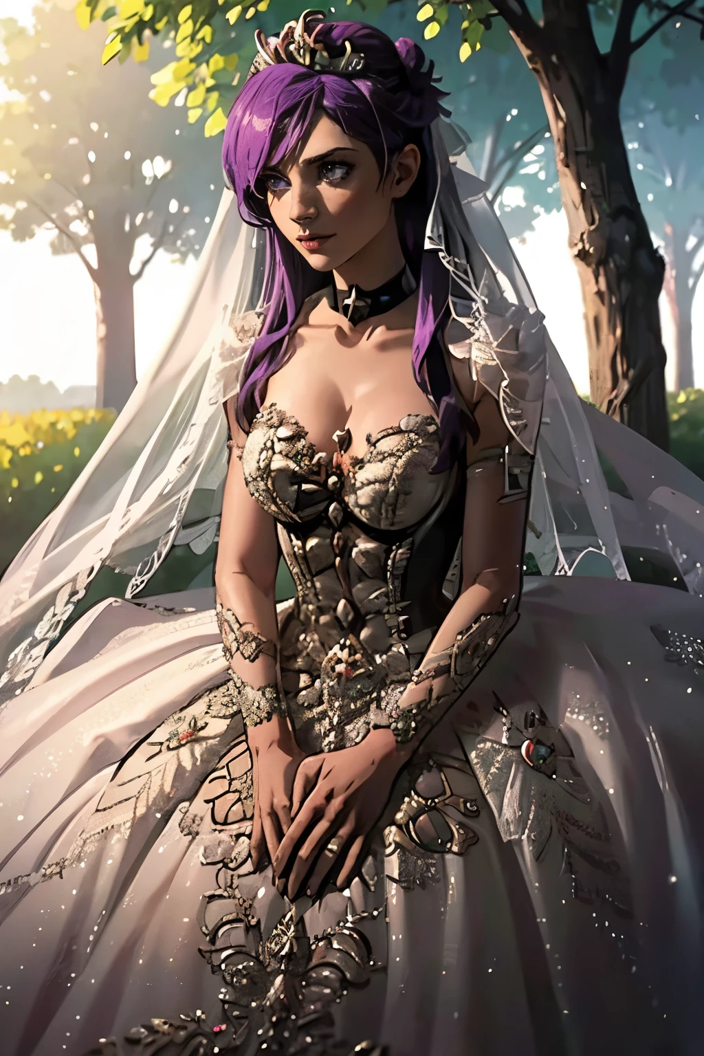Shez FE, hair between eyes, ahoge, blonde hair, star \(symbol\), hair ornament, ruffled tulle dress, cleavage, bare shoulders, collarbone, long black elbow gloves, black gloves, black dress, black choker, strapless, tiara, veil, strapless dress, princess dress, veil, beautiful woman, perfect body, perfect breasts, wearing a princess dress, ball gown, in the park trees, wedding decorations, a warm smile, realism, masterpiece, textured skin, super detail, high detail, high quality, best quality, 1080p, 16k, purple hair