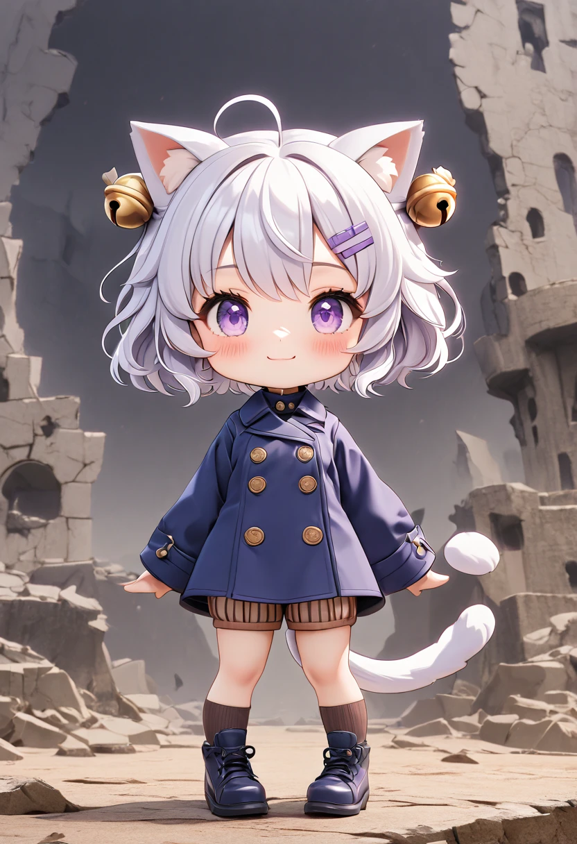 master piece, best quality, ultra-detailed, illustration, 1girl, solo, chibi, (big head), cute pose, front view, looking at viewer, ((full body Close up)), Filiansailor, (purple hairclip:1.5), (hair bell:1.5), white hair, short hair, cat ears, ahoge, purple eyes, blush, smiling, (fluffy tail), ((navy blue 6buttons peacoat)), long sleeves, brown striped shorts, brown knee socks, navy blue shoes, battlefield background, gloomy atmosphere, broken castle, broken walls, broken windows