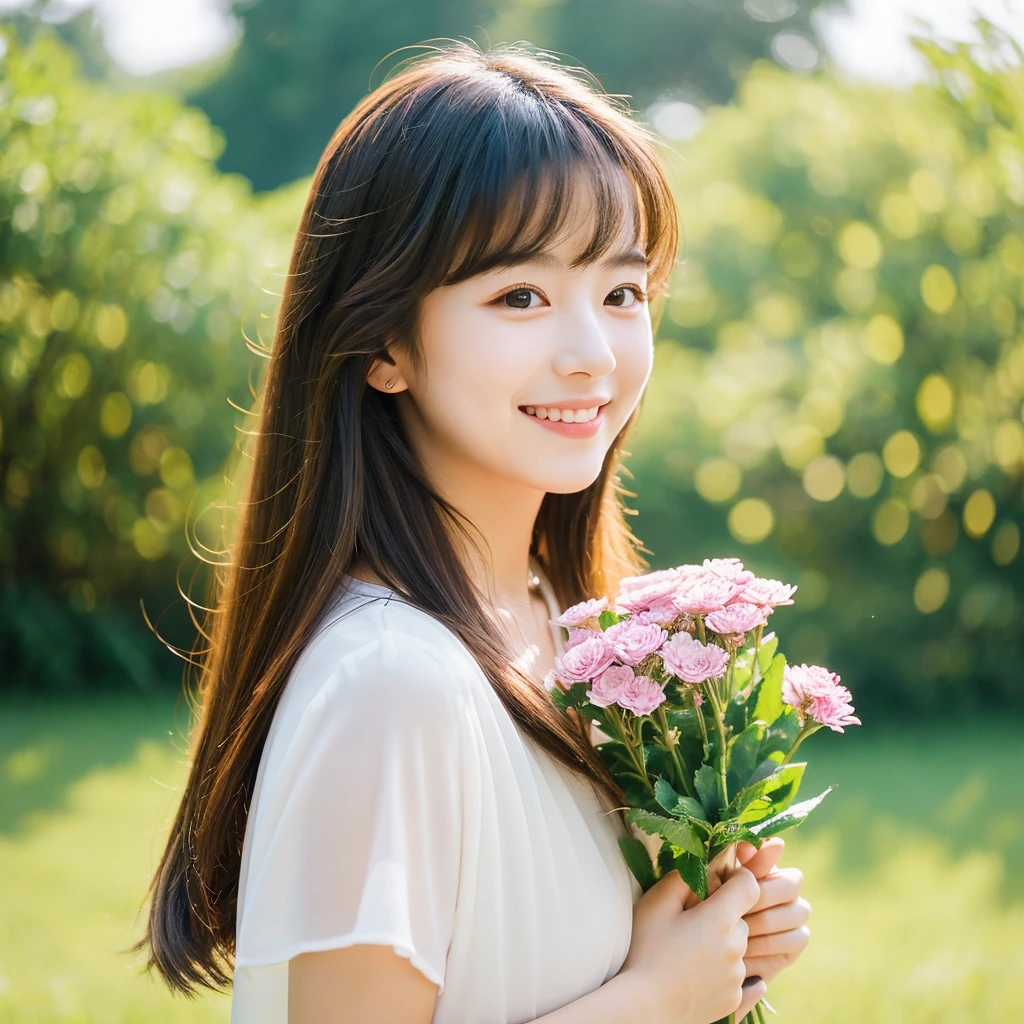 Create an image of a young woman around 25 years old, inspired by the provided image. The woman should have long, flowing hair and a gentle smile, holding a bouquet of flowers similar to the one in the reference. The setting should be a beautiful outdoor environment with greenery in the background, reminiscent of a sunny day. The woman should have a slightly more mature appearance while maintaining a warm and friendly expression. Ensure the lighting and color tones are soft and natural, highlighting her youthful yet mature beauty.