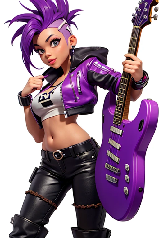 one,8k highly detailed, casual games, , 3D art style, Half body photo,White background,big eyes,cute,Model posing,mature African American woman,solid color background, purple Mohawk hair,Smile,(((White background))),((Cyberpunk clothing)),Punk clothes,cyberpunk style,Show belly,Face shot, purple Mohawk hair, playing a electric guitar, singing into a microphone, with big perfect lips.