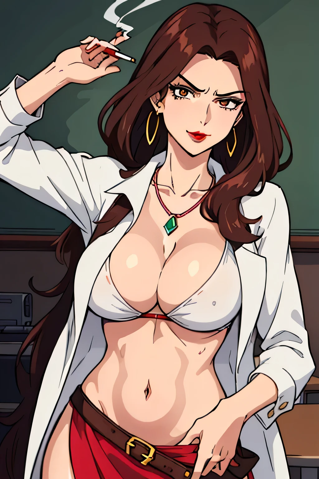 smoking a cigarette
,holding a cigarette,
jewelry,midriff,gem,earrings,necklace,
brown_hair,brown_eyes,Very_long_hair,lipstick,makeup,red_lips,Hot girl, baddie, staring, glaring, bad attitude, mean girl, dare, angry, hate, crazy, smoking, sensual, attractive,
1 girl, 20yo,mature female,Beautiful Finger,Beautiful long legs,Beautiful body,Beautiful Nose,Beautiful character design, perfect eyes, perfect face,
masterpiece, best quality, ((unbuttoned , cleavage, necklace, earrings, sexy body,
breasts)) , micro skirt, smiling, navel , exposed belly, exposed navel,(nsfw) not safe for work,school,
classroom , hold a gun,knot, holding pistol