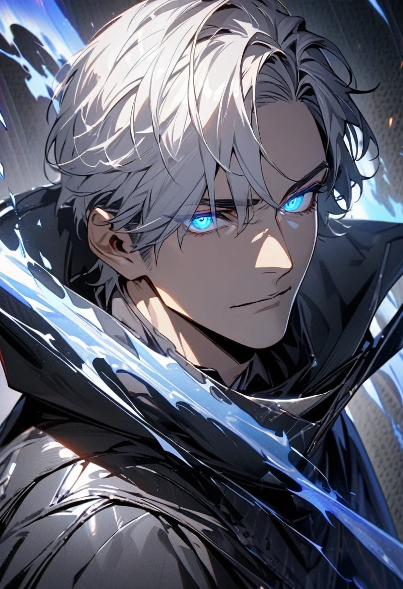 male, solo, handsome, , silver hair, shadow, experienced, dark silver general cloak, blue eyes, beautiful eyes, glowing eyes, high detail, masterpiece, wallpaper, villain, middle-age, silver aura, holo, macro picture, mature, anti hero, parted bang, short hair
