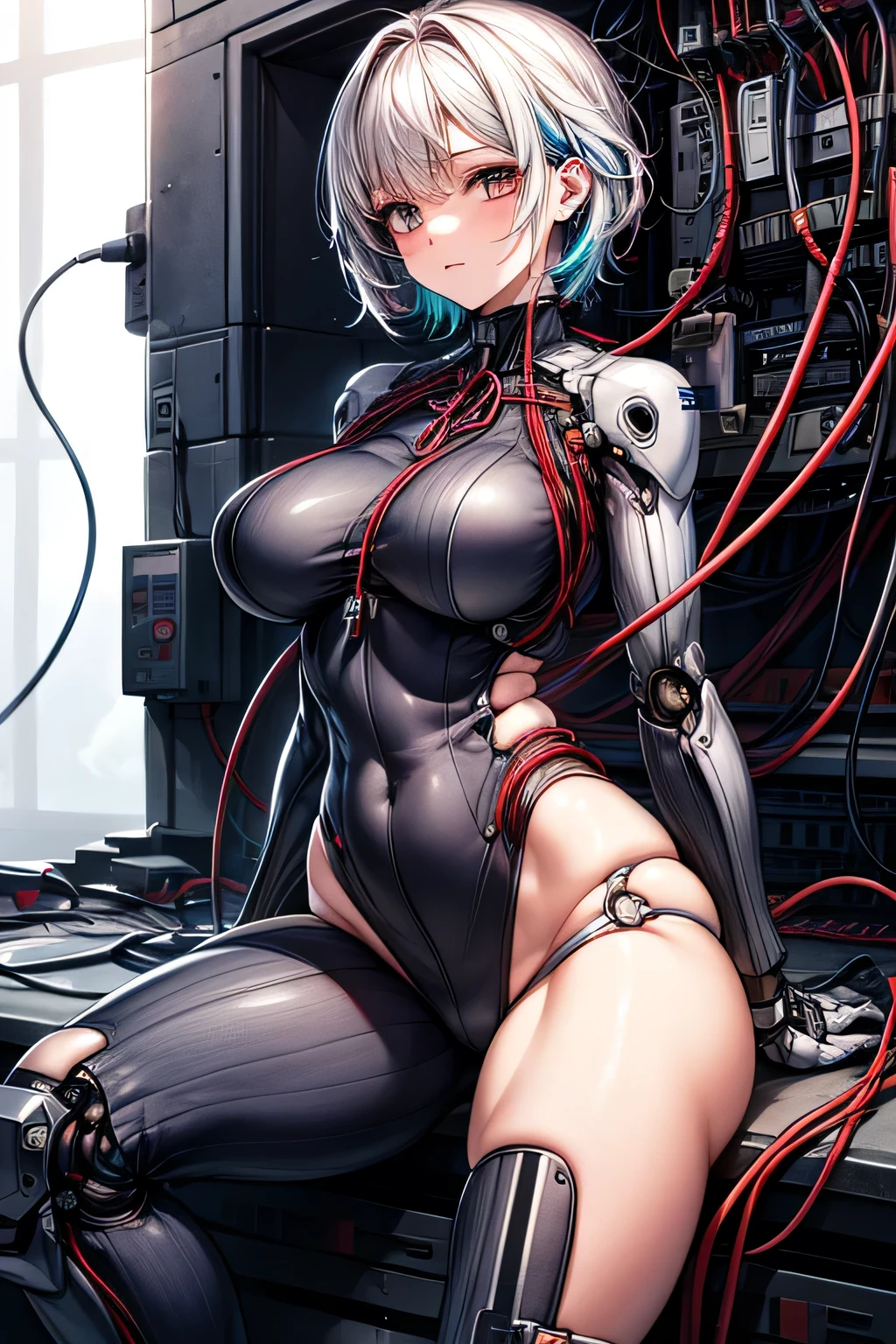 (((masterpiece))), (((Highest quality))), ((Very detailedな)), (Detailed CG illustrations), ((Very delicate and beautiful)),Cinematic Light,((One mechanical woman)), alone,mature,(Big and ample breasts),(Plump), (((The crotch is open))),((Thighs)),((Sitting)),whole body, (Machine made joints:1.4),((Mechanically cut muscle blood vessels connected to tubes),((Mechanical cervical spine attached to the neck)),(Wires and cables connected to the head and torso:1.5),short hair,(Character Focus),sf, ,((Very detailed,colorful)),Best details
