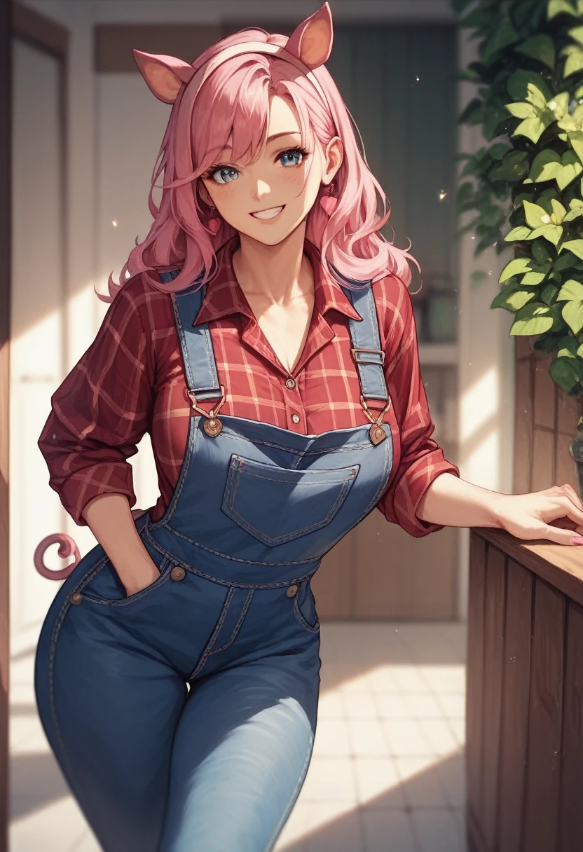 (masterpiece:1.2), (best quality:1.2), voluptuous body, , pink hair, smiling, pig ears and tail, wearing overalls, plaid shirt, friendly and cheerful appearance