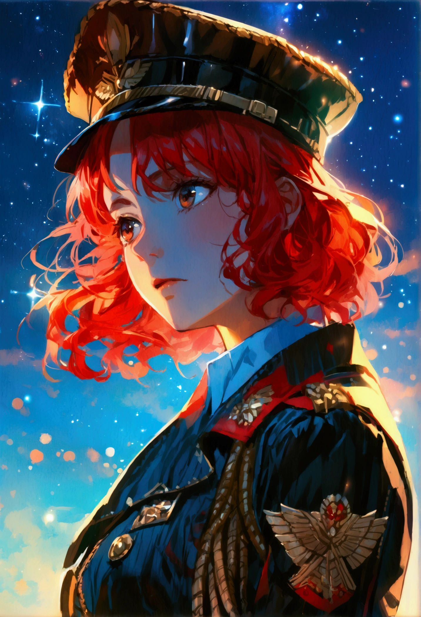 1girl, red hair, wavy hair, military coat, white shirt, night sky background, starry sky background,