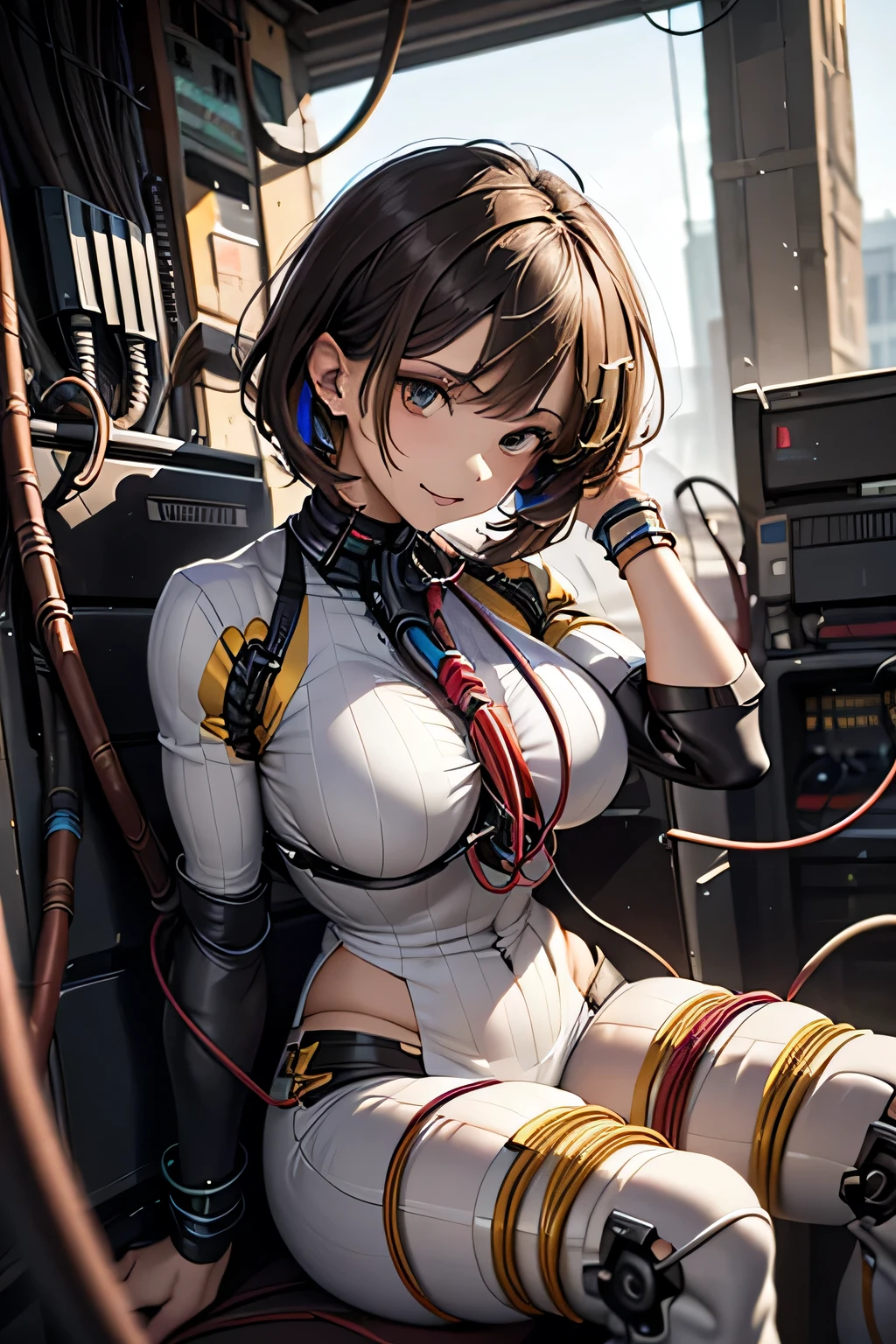 (((masterpiece))), (((Highest quality))), ((Very detailedな)), (Detailed CG illustrations), ((Very delicate and beautiful)),Cinematic Light,((One mechanical woman)), alone,mature,(Big and ample breasts),(Plump), (((The crotch is open))),((Thighs)),((Sitting)),whole body, (Machine made joints:1.4),((Mechanically cut muscle blood vessels connected to tubes),((Mechanical cervical spine attached to the neck)),(Wires and cables connected to the head and torso:1.5),short hair,(Character Focus),sf, ,((Very detailed,colorful)),Best details
