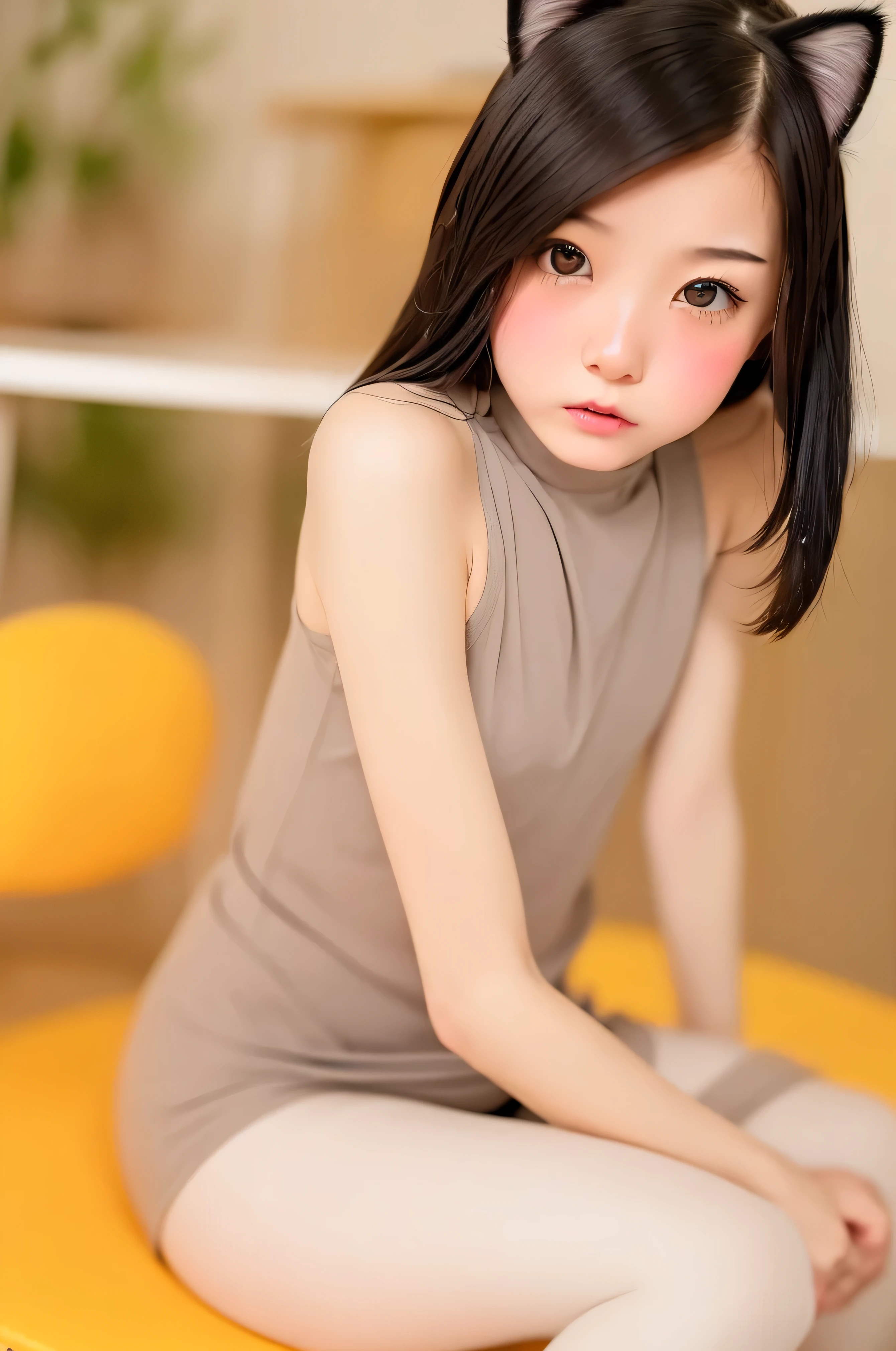 masterpiece, Bokeh, (Cat ear:1.4), Sitting on the beach at sunset, Looking at the audience, office lady, pantyhose,(masterpiece, Highest quality, It captures a very cute moment, Depth of written boundary, Super detailed, Ultra-high resolution, C4D, Octadale, 3D Modeling,Realistic human photos、 8k, 16K, One Girl,, 15 years old、Small breasts,Black Hair,short hair,Straight Hair,Light brown eyes,Cute Face), Bloomers, Black tank top, zettai ryouiki, Wet clothes,Classroom Nights,Moonlight, Good elevator, Take off、Real-life skin、Not an anime、Realistic、