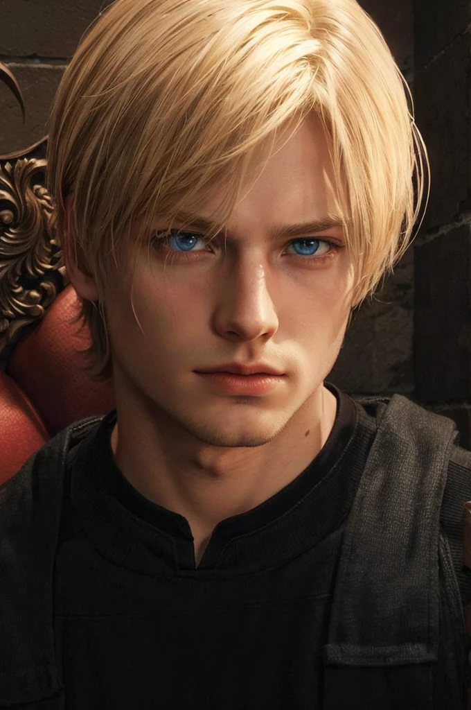Realistic art of a young blond adult with blue eyes, brother of Leon Kennedy from Resident Evil, with several features similar to his brother, realistic art
