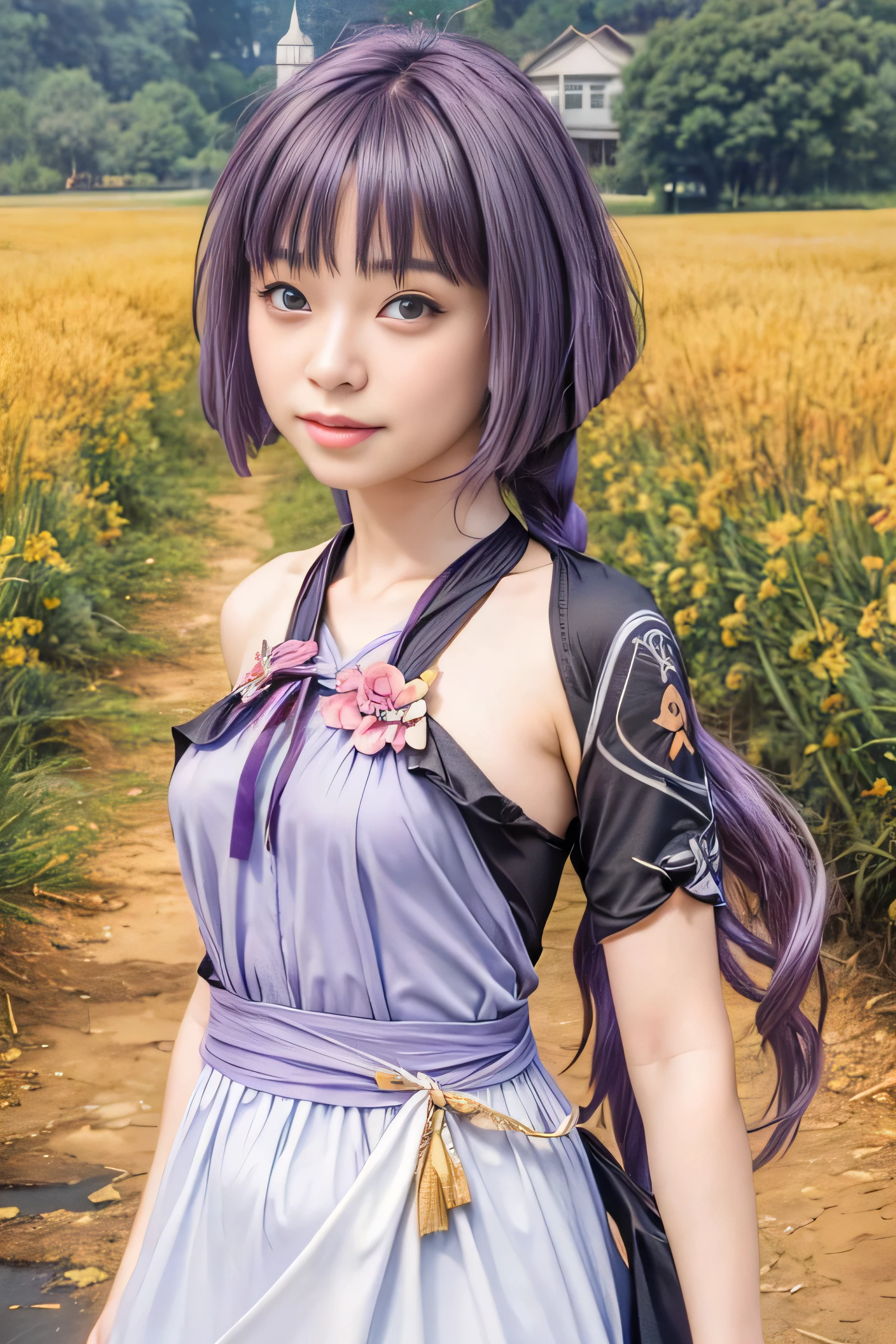 masterpiece, best quality, (realistic,photo-realistic:1.4), (RAW photo:1.2), extremely detailed CG unity 8k wallpaper, delicate and beautiful, amazing,finely detail, official art, absurdres, incredibly absurdres, huge filesize, ultra-detailed,extremely detailed eyes and face,light on face,(little smile),sumire kakei,(purple hair:1.4),long hair,river background,(wearing dress:1.5),(nature background:1.5)