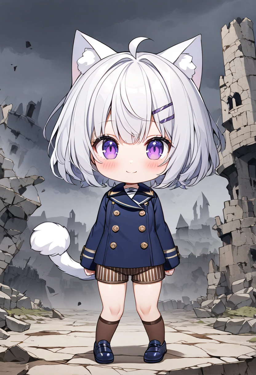 master piece, best quality, ultra-detailed, illustration, 1girl, solo, chibi, (big head), cute pose, front view, looking at viewer, ((full body Close up)), Filiansailor, ((purple hairclip:1)), ((hair bell:1)), white hair, short hair, cat ears, ahoge, purple eyes, blush, smiling, (fluffy tail), ((navy blue 6buttons peacoat)), long sleeves, brown striped shorts, brown knee socks, navy blue shoes, battlefield background, gloomy atmosphere, broken castle, broken walls, broken windows