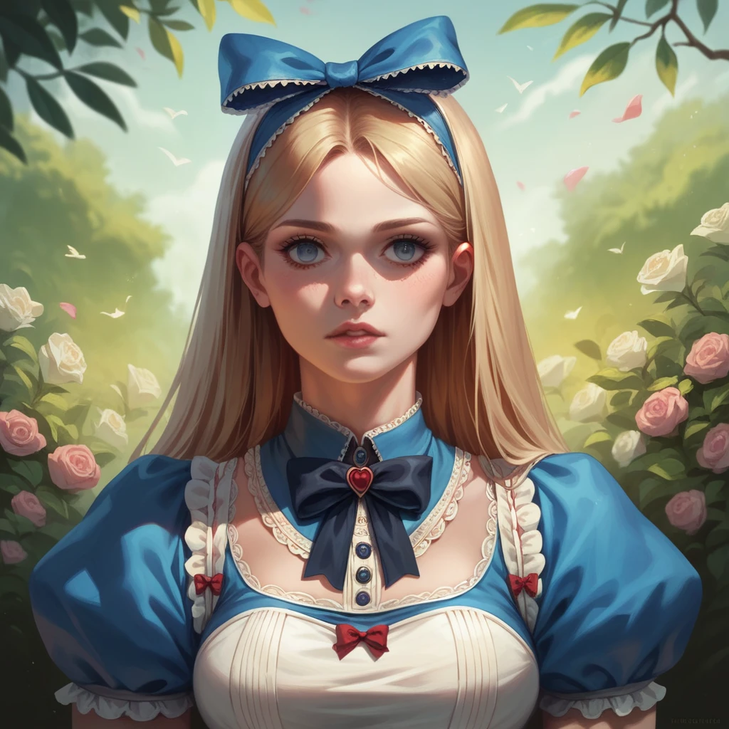 1girl, masterpiece, best quality, 8k, detailed skin texture, detailed cloth texture, beautiful detailed face, intricate details, ultra detailed, Alice in Wonderland, (a bow on her head:1.1), upper body, futanari