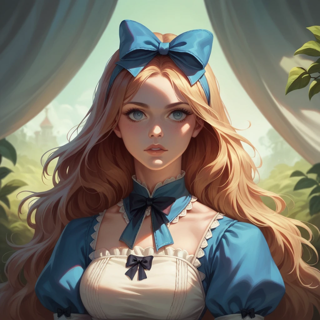 1girl, masterpiece, best quality, 8k, detailed skin texture, detailed cloth texture, beautiful detailed face, intricate details, ultra detailed, Alice in Wonderland, (a bow on her head:1.1), upper body, futanari