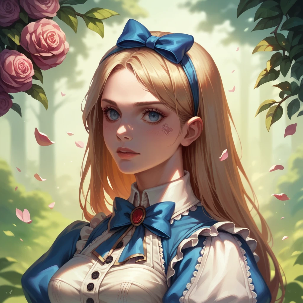 1girl, masterpiece, best quality, 8k, detailed skin texture, detailed cloth texture, beautiful detailed face, intricate details, ultra detailed, Alice in Wonderland, (a bow on her head:1.1), upper body, futanari