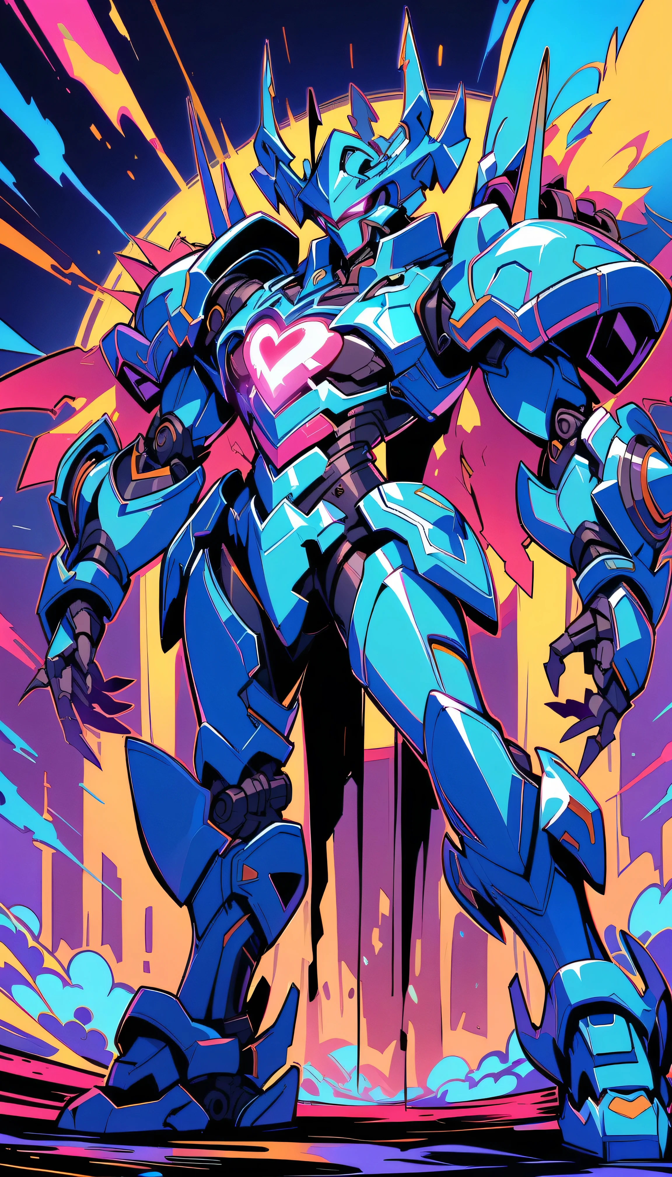 ((best quality)) , ((masterpiece)) , (detailed)，League of Legends Champion Z amidst, with a giant iron armoured body and glowing blue eyes, and an internal mechanical heart displayed on his chest, in the style of fantasy.,pop Art style. bright colors, bold outlines, popular culture themes, ironic or kitsch