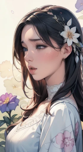(Highest quality,32K resolution,High resolution,masterpiece:1.2),Very detailed,Beautiful Eyes,Very fine grain,Configuring centering,White space around the sketch,Focus on the facial contours,dripping watercolor effect,Ink outline,Art inspired by Carne Griffith and Alphonse Mucha,watercolor-painted hair adorned with flowers,a complete and highly detailed portrait sketched with watercolor,A portrait with a rough but detailed sketch,Moderate: watercolor,Spectacular color palette,Play of light and shadow